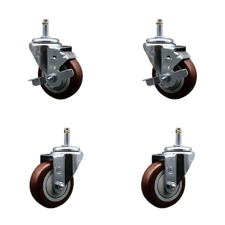 Service Caster 3.5'' Maroon Poly Wheel Swivel 7/16'' Grip Ring Stem Caster Set 2 Brakes, 4PK GR20S3514-PPUB-MRN-TLB-716138-2-S-2